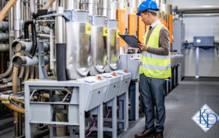 Engineer inspecting machinery on a factory floor, symbolizing skilled talent in manufacturing.